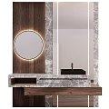 Modern Bathroom Vanity With Marble Countertop Round Mirror And Wooden Accents