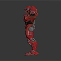 Red Robot Game Movie Character With Mechanical Arms Armor And Glowing Blue Lights