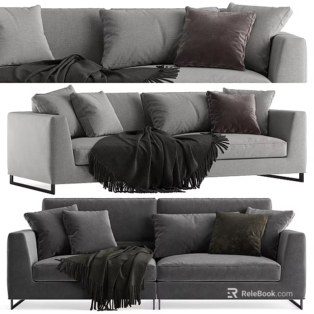 Modern Gray Two-Seater Sofa with Plush Pillows and Soft Throw Blanket 3d model