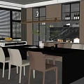 Modern Restaurant Interior With Dark Dining Table Chairs Hanging Lights And Wine Cabinet