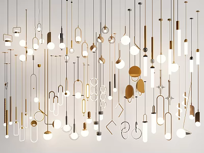 Modern Chandeliers with Various Designs Shapes and Metallic Finishes Hanging in Stylish Interior 3d model