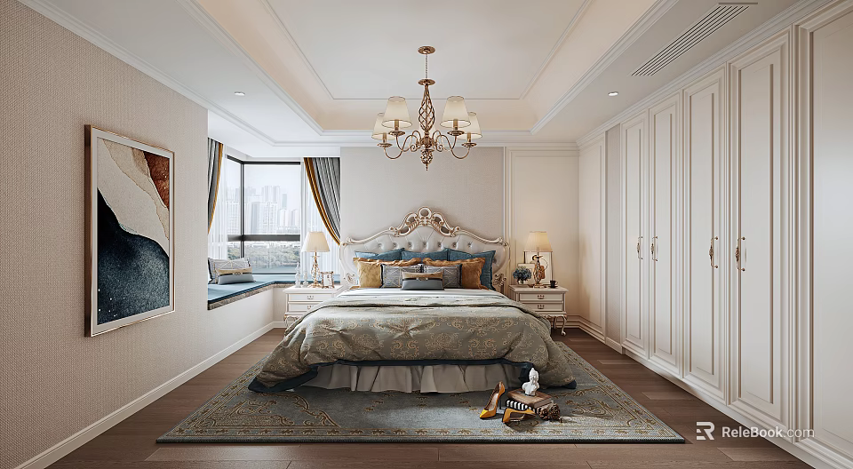Elegant Modern Bedroom Interior Design With King Bed Chandelier Wardrobe And Carpet 3d model 