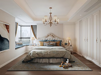 Elegant Modern Bedroom Interior Design With King Bed Chandelier Wardrobe And Carpet 3d model