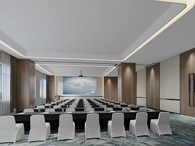 Modern Large Conference Room With Projector Screen Wooden Walls White Seats Carpet And Ceiling Lights 3d model