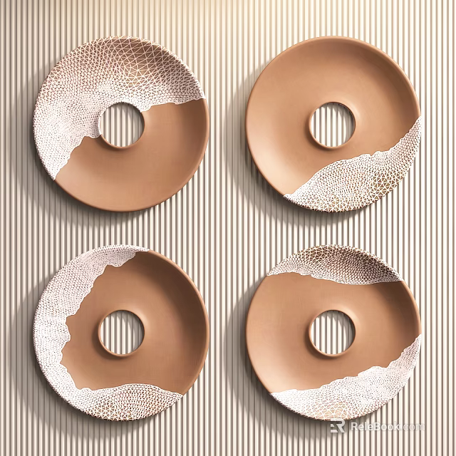 Four Circular Brown Wall Decor With White Textured Edges On Striped Wall 3d model