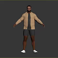 Man Standing In Beige Jacket Gray T-shirt Gray Shorts White Shoes On Gray Background