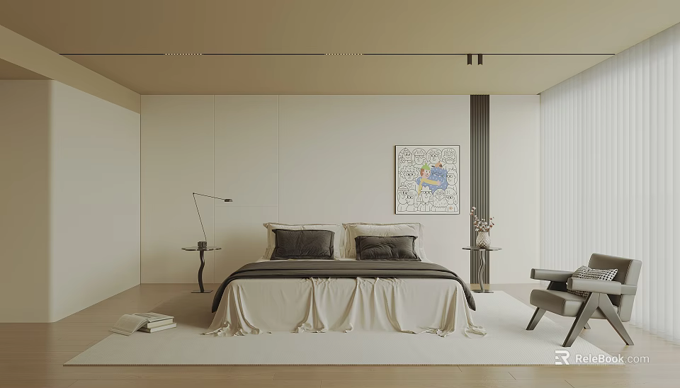 Modern Minimalist Bedroom With Neutral Bedding Pillows Floor Lamp And Wall Painting 3d model 