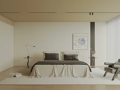 Modern Minimalist Bedroom With Neutral Bedding Pillows Floor Lamp And Wall Painting 3d model