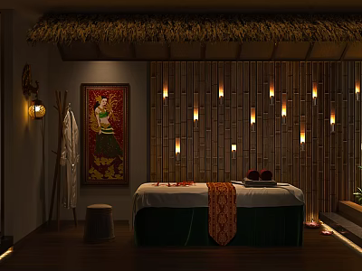 Serene SPA Sauna Room With Thatched Ceiling Bamboo Wall Candles And Massage Table 3d model