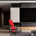 Modern Living Dining Room Interior With Gray Sofa Red Chair Coffee Table And Window Blinds