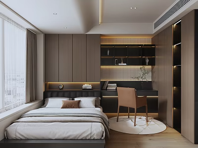Tatami Bedroom Interior Design Modern Minimalist With Wooden Cabinets Bookshelves Chair Round Rug And Curtains 3d model