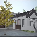 Traditional Chinese Ancient Architecture Courtyard With Circular Archway Wooden Doors And Tiles Roof