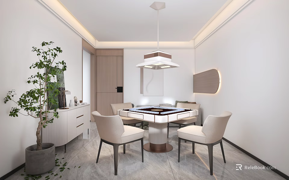 Hotel Mahjong Room With Modern Round Table Beige Chairs Pendant Light And Indoor Plant 3d model 