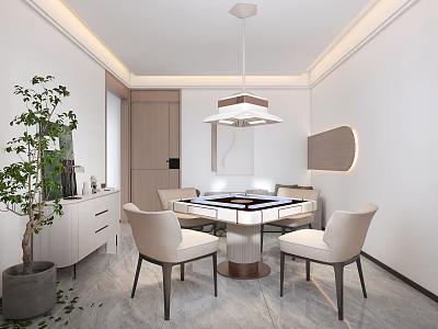 Hotel Mahjong Room With Modern Round Table Beige Chairs Pendant Light And Indoor Plant 3d model