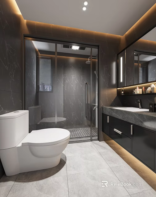 Luxury Modern Dark Marble Bathroom With Glass Shower Enclosure And Backlit Vanity Cabinet Design 3d model 