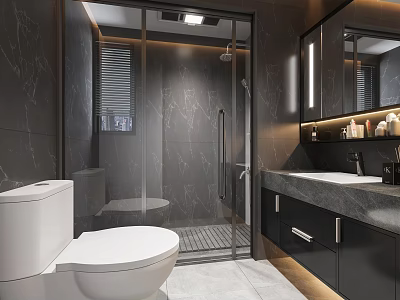 Luxury Modern Dark Marble Bathroom With Glass Shower Enclosure And Backlit Vanity Cabinet Design 3d model