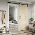 Stylish Home Balcony With Wooden Barn Door Sofa Throw Pillows Plants Coat Rack And Rug