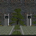 Traditional Garden Landscape With Stone Wall Pine Trees White Pillars Trimmed Shrubs And Geometric Flooring