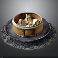 Traditional Chinese Steamed Dumplings Served in Bamboo Steamer on Stone Plate