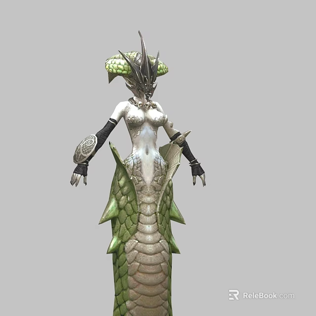 Fantasy Game and Movie Character With Serpentine Body Green Scales White Torso and Horned Headpiece 3d model 