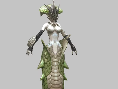 Fantasy Game and Movie Character With Serpentine Body Green Scales White Torso and Horned Headpiece 3d model
