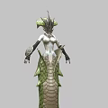 Fantasy Game and Movie Character With Serpentine Body Green Scales White Torso and Horned Headpiece