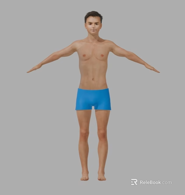 3D Male Human Model With Blue Shorts And Outstretched Arms On Grey Background 3d model 