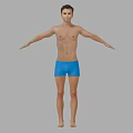 3D Male Human Model With Blue Shorts And Outstretched Arms On Grey Background