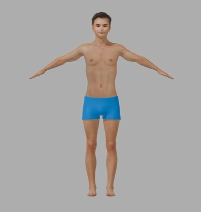 3D Male Human Model With Blue Shorts And Outstretched Arms On Grey Background 3d model