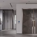Modern Lobby Interior With Reception Desk Multiple Doors Red Decorative Wall And Gray Flooring