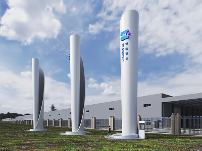 Modern Industrial Factory Exterior With Tall White Pillars Blue Logo And Green Grassland 3d model
