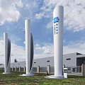 Modern Industrial Factory Exterior With Tall White Pillars Blue Logo And Green Grassland