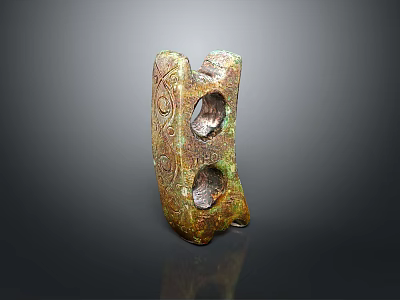 Ancient Style Carved Sculpture with Intricate Surface Patterns Two Circular Holes and Bronze Patina Finish 3d model