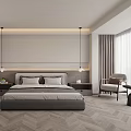 Modern Minimalist Bedroom Interior Design With Gray Bed Frame Herringbone Flooring And Bedside LED Strip