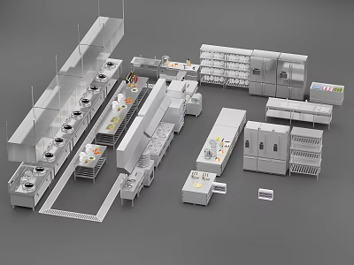 Commercial Kitchen Equipment Layout With Stainless Steel Cooking Stations And Refrigerators 3d model