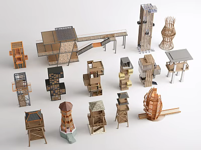 Garden Landscape Architectural Models Made Of Wooden Cardboard With Various Shapes Towers And Pavilions 3d model