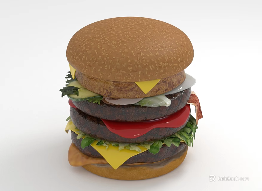 Delicious Double Patty Burger With Sesame Bun Cheese Lettuce And Tomato 3d model 