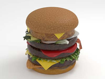 Delicious Double Patty Burger With Sesame Bun Cheese Lettuce And Tomato 3d model