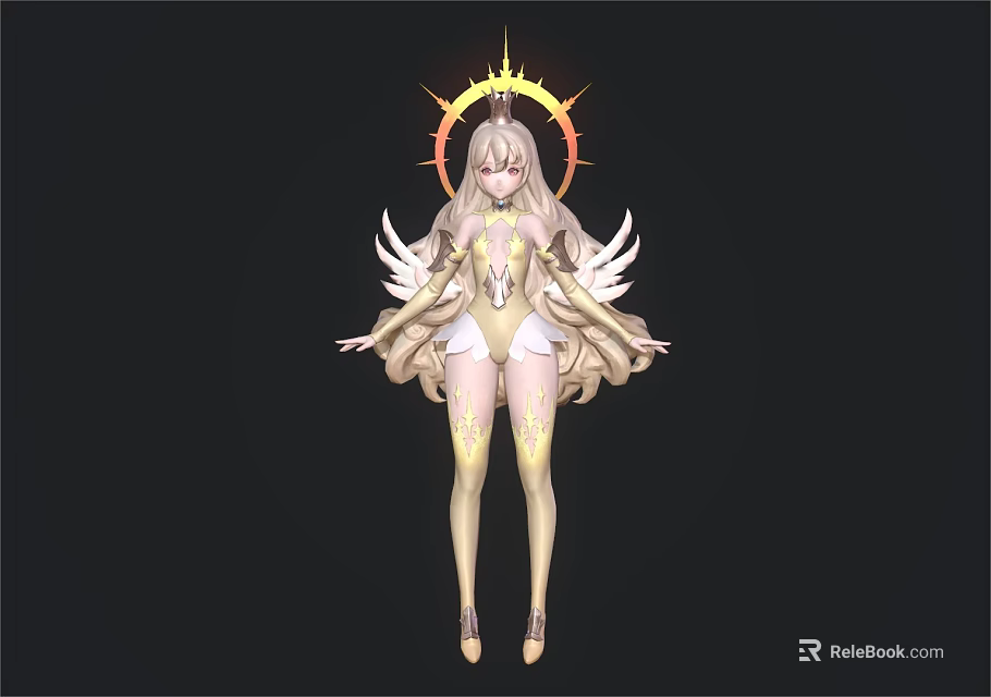 Angelic Character With Divine Halo Golden Wings And Long Blonde Hair In White Gold Outfit 3d model 