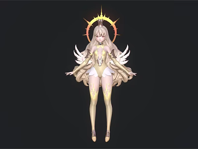 Angelic Character With Divine Halo Golden Wings And Long Blonde Hair In White Gold Outfit 3d model