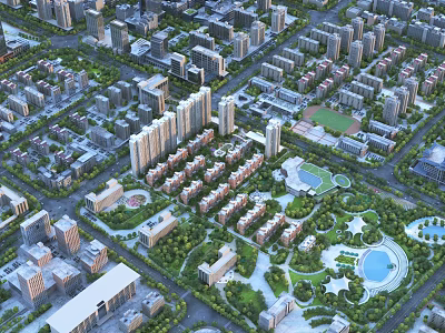 Aerial View Urban Planning With Residential Complexes High Rise Buildings Green Spaces And Parks 3d model