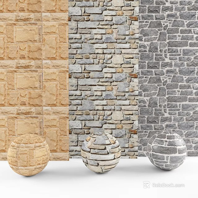 Light Brown Beige Gray Dark Gray Stone Wall Components With Spherical Decorative Ornaments 3d model 