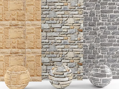 Light Brown Beige Gray Dark Gray Stone Wall Components With Spherical Decorative Ornaments 3d model