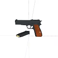 Detailed View of Black Handgun with Wooden Grip and Detachable Magazine