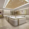 Luxury Modern Jewelry Store Interior With White Display Counters Golden Trim And Marble Floor
