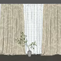 Beige Leaf Pattern Curtains With Sheer Grid Design And Vase Plant In Interior Setting 3d model