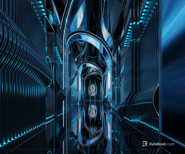 Modern Futuristic KTV Corridor Interior With Blue Neon Lights And Reflective Floors 3d model 