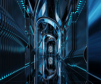 Modern Futuristic KTV Corridor Interior With Blue Neon Lights And Reflective Floors 3d model