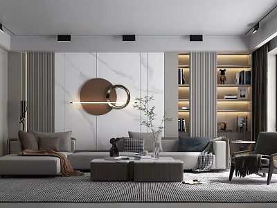 Modern Sofa And Coffee Table Set With Marble Wall Round Mirror Green Plant And Bookshelf 3d model