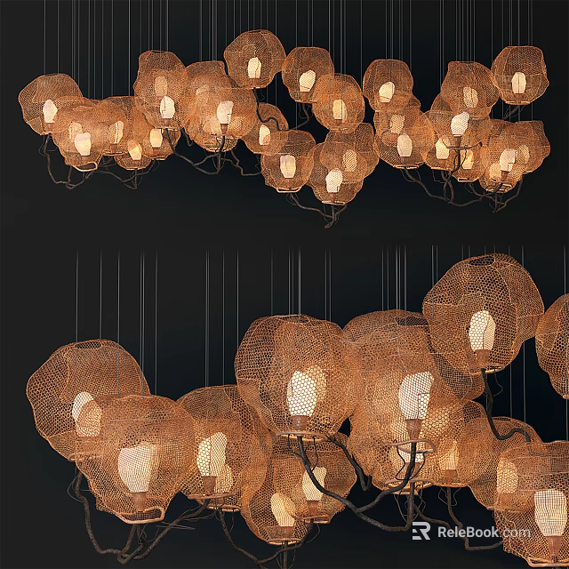 Vintage Crystal Chandelier With Hanging Lamps And Woven Shades In Interior Design 3d model 